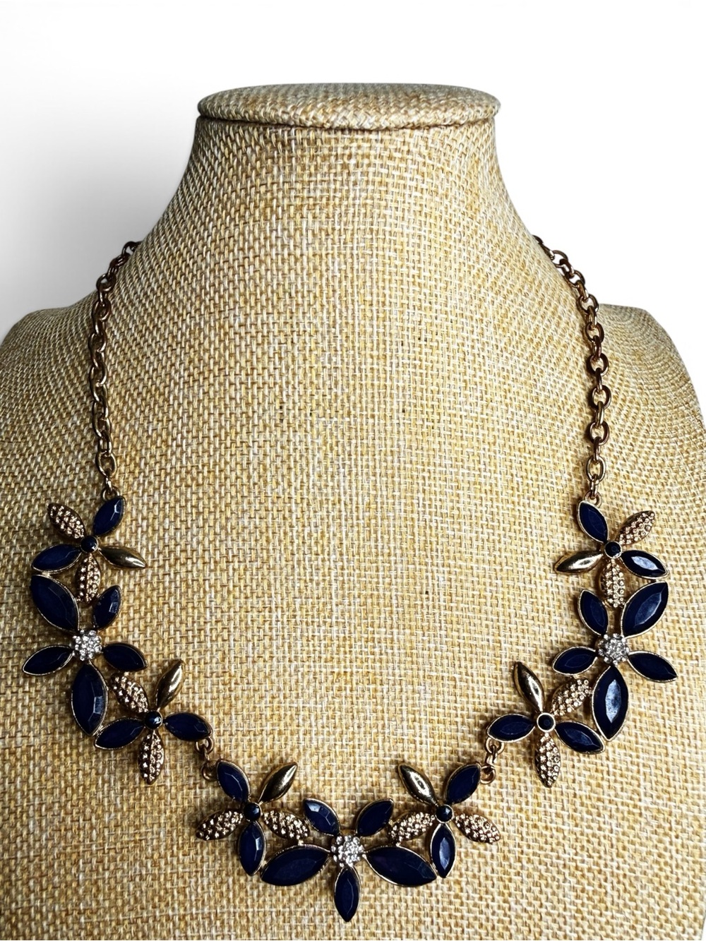 New York & Co. Gold‑Tone Floral Statement Necklace – Navy & Clear Rhinestones